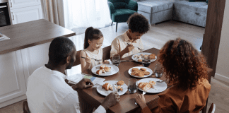 A family eating a meal together.