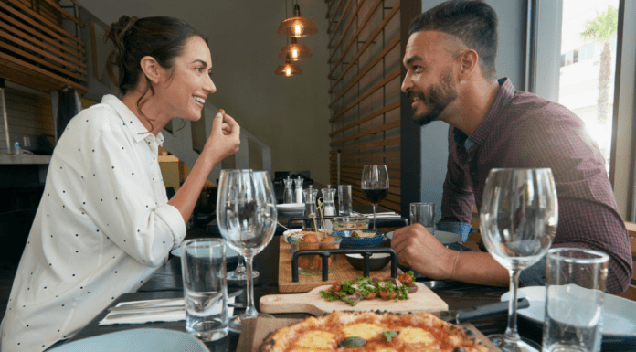 A couple on a date in a restaurant.