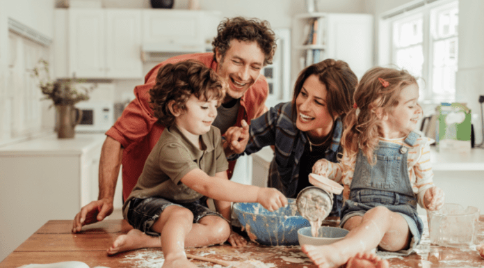 A family making a mess baking.