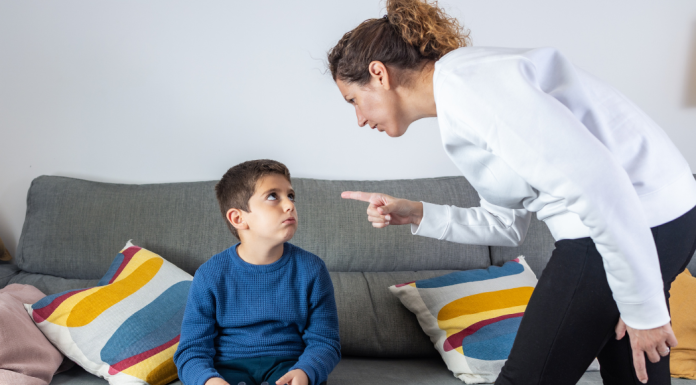 A mom yelling at her son.