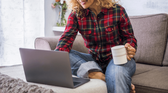 A woman on a computer.