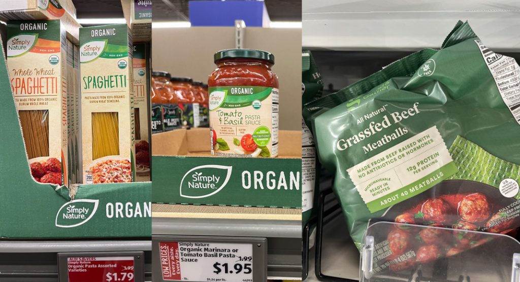 Organic spaghetti, organic pasta sauce, grassfed meatballs
