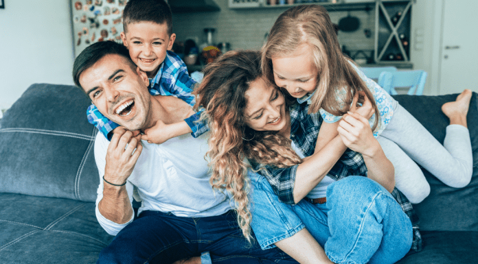 A happy family embracing.
