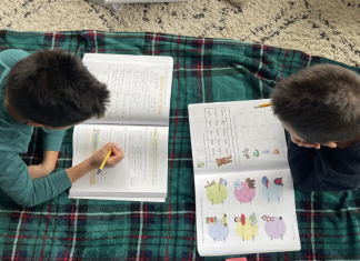 Two boys doing their school work at home.