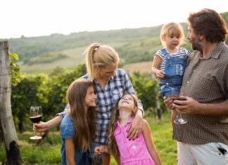 A family at a winery.