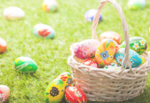 An Easter basket full of decorated eggs.