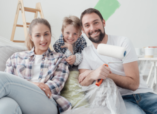 A family working on home improvements.