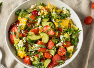 A spring corn, cucumber, and tomato salad.