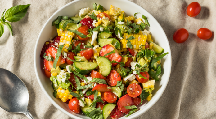 A spring corn, cucumber, and tomato salad.