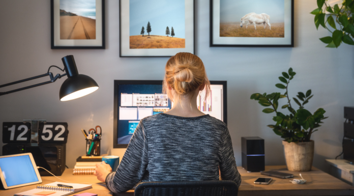 A woman working in her home office.