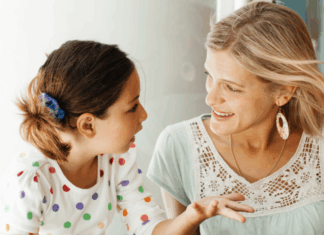 A mother talking with her daughter.
