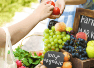Fruits and vegetables at a farmers' market.