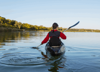 A woman kayaking.