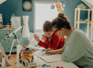 A Homeschool Mom’s Fall: Pumpkin Spice, Math Facts, and Field Trips in Disguise A mom homeschooling her child.