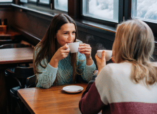 Two women drinking coffee in a coffee shop.