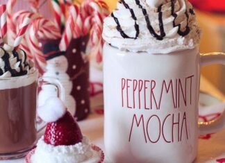 holiday drinks in mugs.