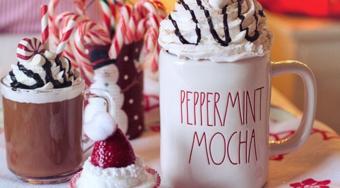 holiday drinks in mugs.