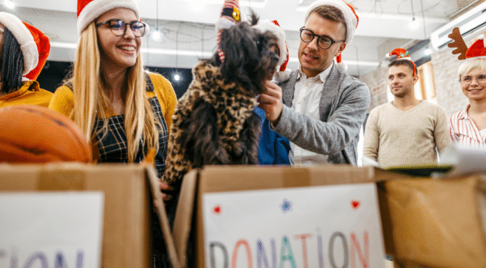 People at a donation center during the holidays.