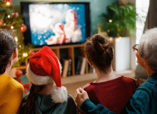 A family watching a holiday movie
