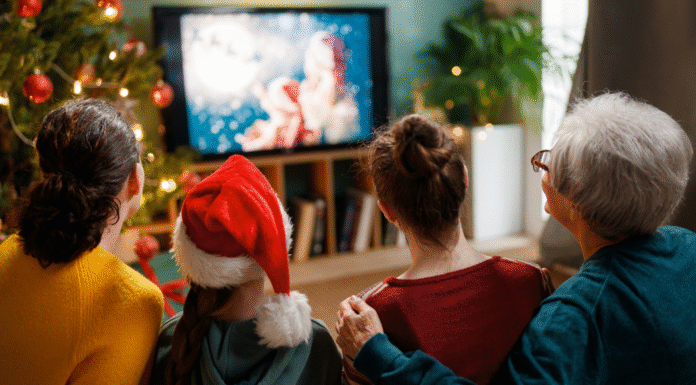 A family watching a holiday movie