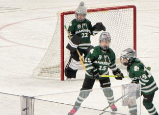 Girls playing hockey.