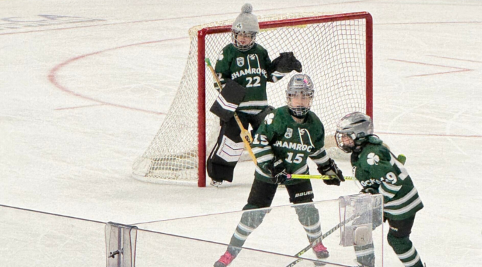 Girls playing hockey.