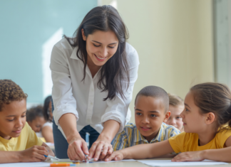 A teacher working with students.