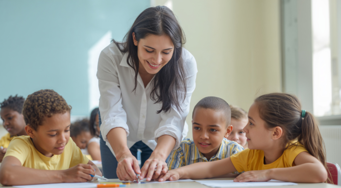 A teacher working with students.