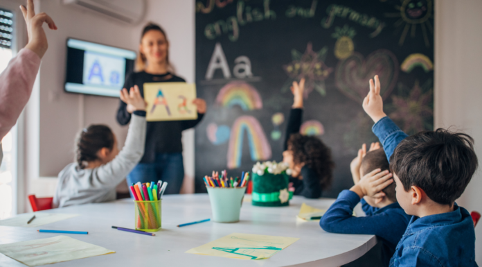 A Guide to Childcare & Education Resources in Fairfield County A teacher standing in front of children raising their hands.