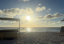 A beach with canopies.