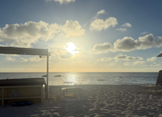 A beach with canopies.