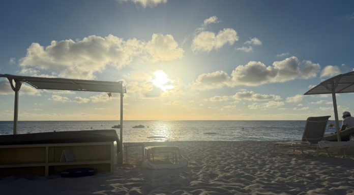 A beach with canopies.
