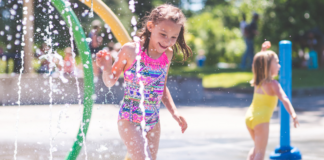 Girls playing in a splash pad.