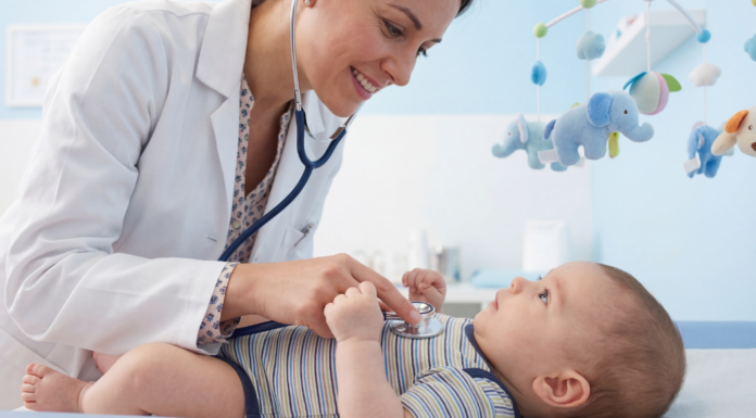 A pediatrician checking a baby.